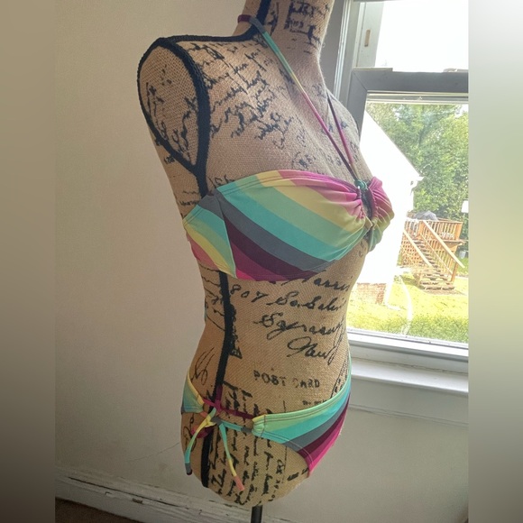 NWOT OP Rainbow Striped String Bikini with O-ring Detail - Picture 2 of 8